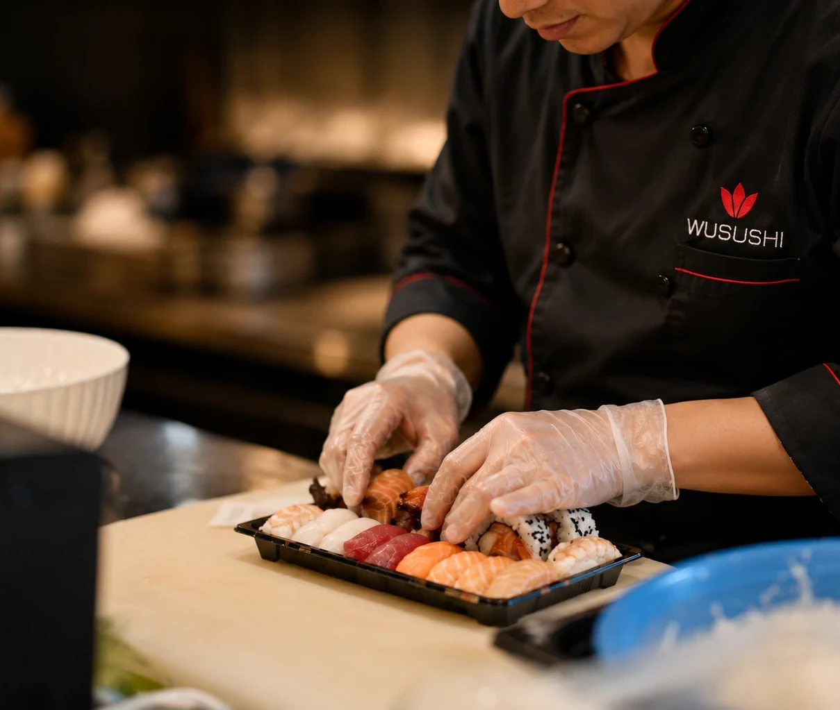 Chef WUSUSHI mentre completa un vassoio di sushi